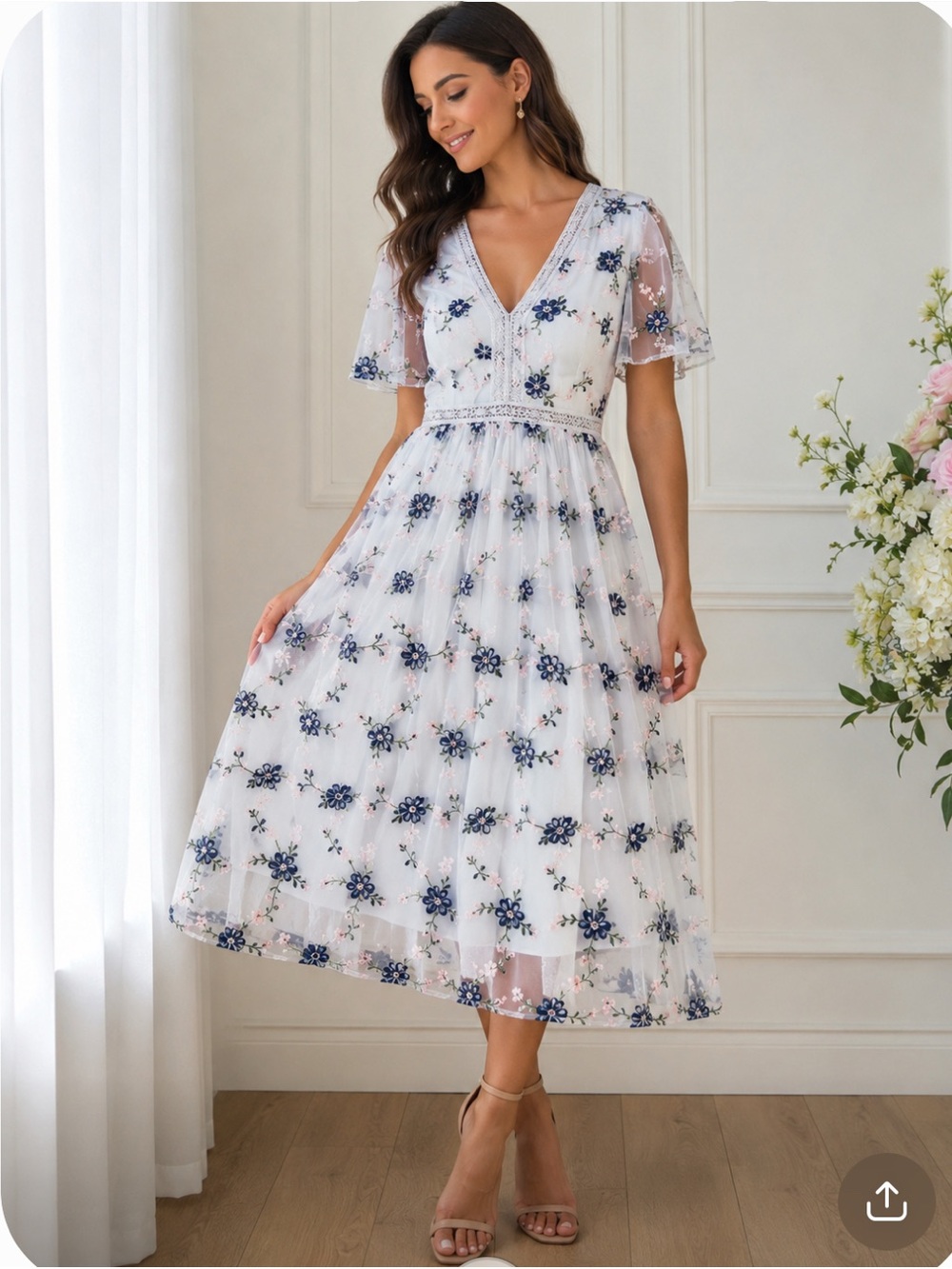 Chi Chi London Embroidered V-Neck Floral Midi Dress in Light Blue